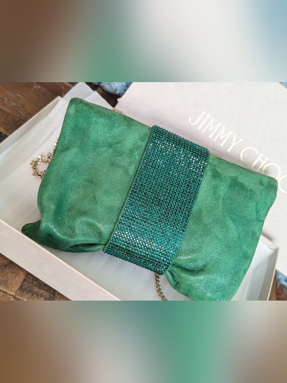 Jimmy Choo Pink Shimmer Suede Chandra Chain Clutch - Picture 8 of 15